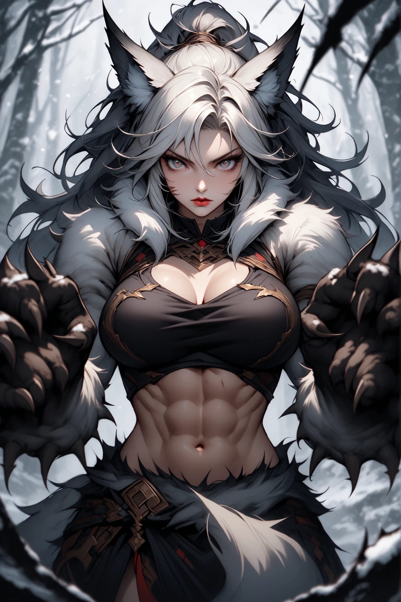 (1girl), black hair, extremely long hair, yellow eyes, (((muscular))), huge breasts, thick thighs, solo, angry, (pale skin), cowboy shot, (fur trim coat), snow