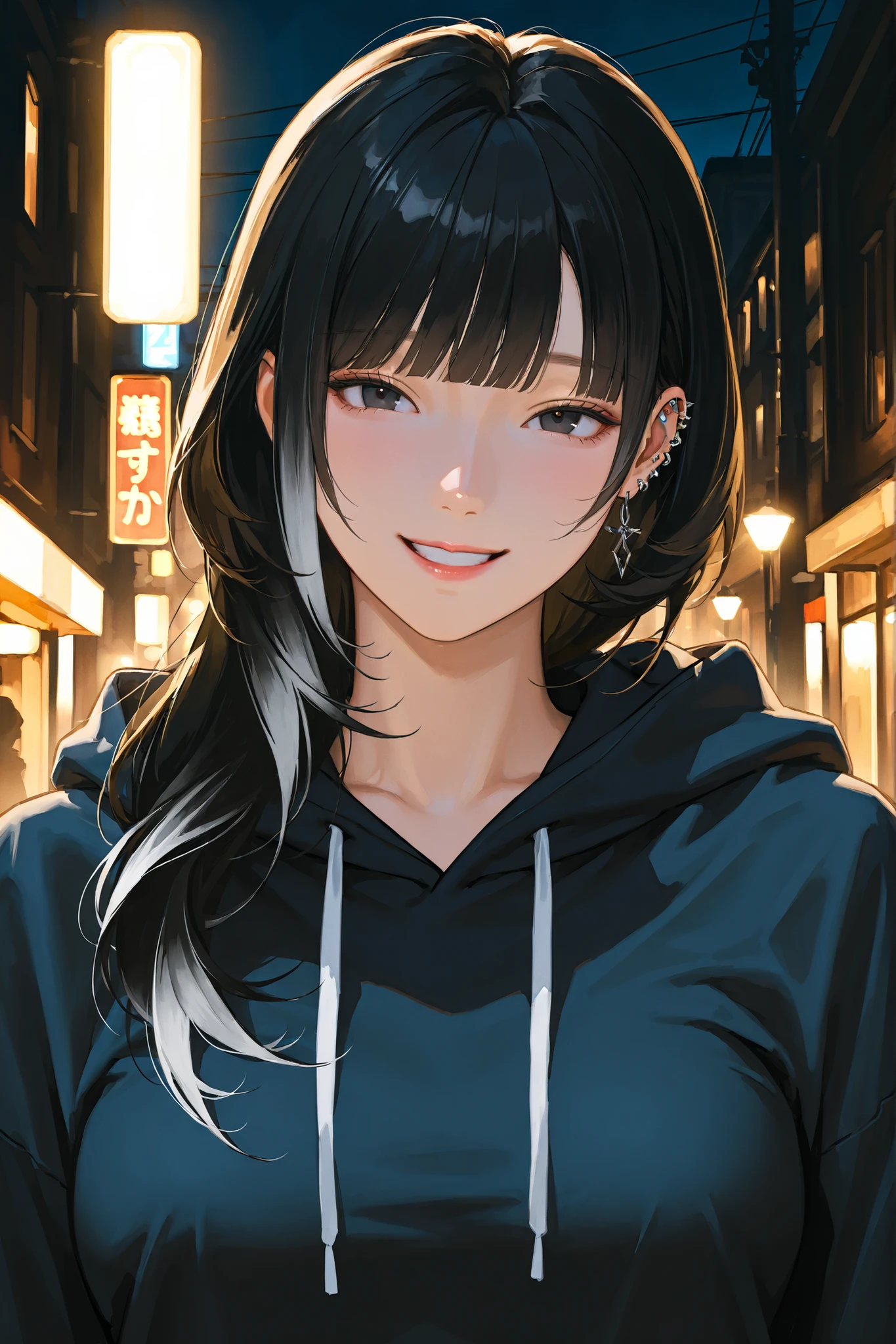 Woman , mature woman, 1 woman, alone, solo, Bob with long hair bangs , Black Hair, dark eyes, Contemptuous face, Hazy atmosphere, street background , dark background , Multiple Piercings, White Nail Polish, high detail, Cinematic Lighting , semi-realism , Semi Realistic , Detailed Features, Defined characteristics , Feminine traits, attractive face , semi-anime style , Semi Realistic style, detailed art style , detailed style , Dark Tones, detailed art style , expressive brush strokes , vivid brush strokes , Impressionist Paintings, Semi Realistic , Semi-realistic art, Semi-realistic artstyle, hoodie, smiling, romantic