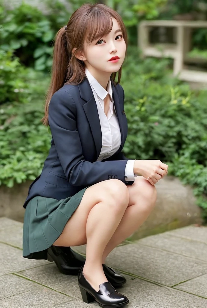 (8K High Resolution), (top-quality), (Raw quality),(masutepiece:1.2), (realisitic), (Photorealistic:1.37), ,Large eyes,long eyeslashes,(Live-action realistic style),The Ultimate Face,realistic light and shadow,Clear facial features,,Fair skin, ),Best portraits,Shooting at close range, 1 rapariga, Cute,Beautiful detailed eyes,highlydetailed skin,(Beautiful face with double eyelids), (Realism: 1.4),((Full body image)) ,Detailed and beautiful face,,Women around 20 years old,(Beautiful Face 1.4),Middle hair,((Japan woman in business suit)),(Make eye contact with your audience),red lipsticks,Limping around the eyes,(Laugh a little),In the tropical jungle,Sit upright on one knee.,The skirt is rolled up.、Panties look perfect..,Pastel colors panties,I love showing my panties to my viewers,Show your panties to your audience,Beautiful face reflected in the light,red lipsticks,Limping around the eyes,Very beautiful feet are attractive,A very bright world