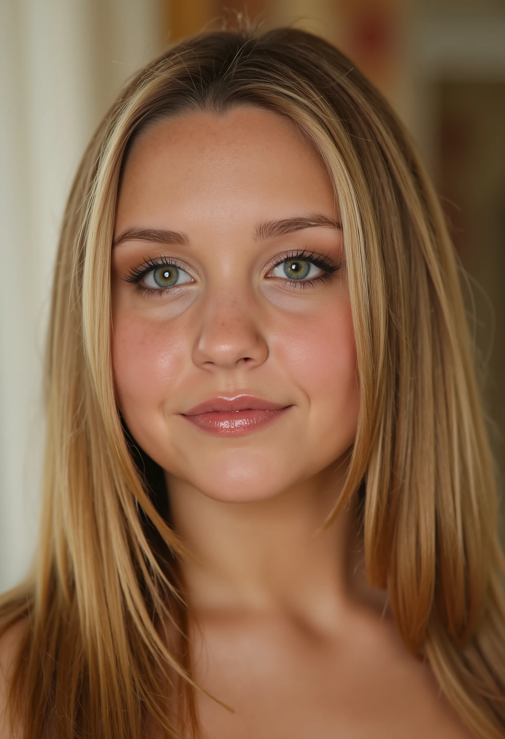 score_9, score_8_up, score_7_up, realistic, 1girl, young, little, petite, puffy lips, perfect lips, big lips, parted lips, little face, young face, instagram, insta girl, selfy, 48mm, iso 800, strict angle, young, posing, home interior, blonde hair, rich home, rich girl,