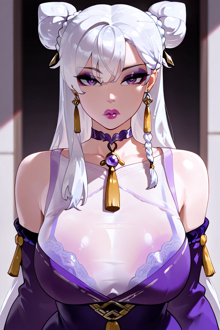 core_9, score_8_up, score_7_up, score_6_up, masterpiece, ultra detailed, best quality, source_anime, Expressiveh, zPDXL, BREAK, 1 girl, (Urd, dark-skinned female), purple dress, gold trim, large breasts, lounging on sofa, sofa, on side, looking at viewer, white background, simple background, backless outfit, sleeveless, sleeveless dress, jewelry, bracelet, nail polish, bare shoulders, handbag, (upper body focus), (detailed face)