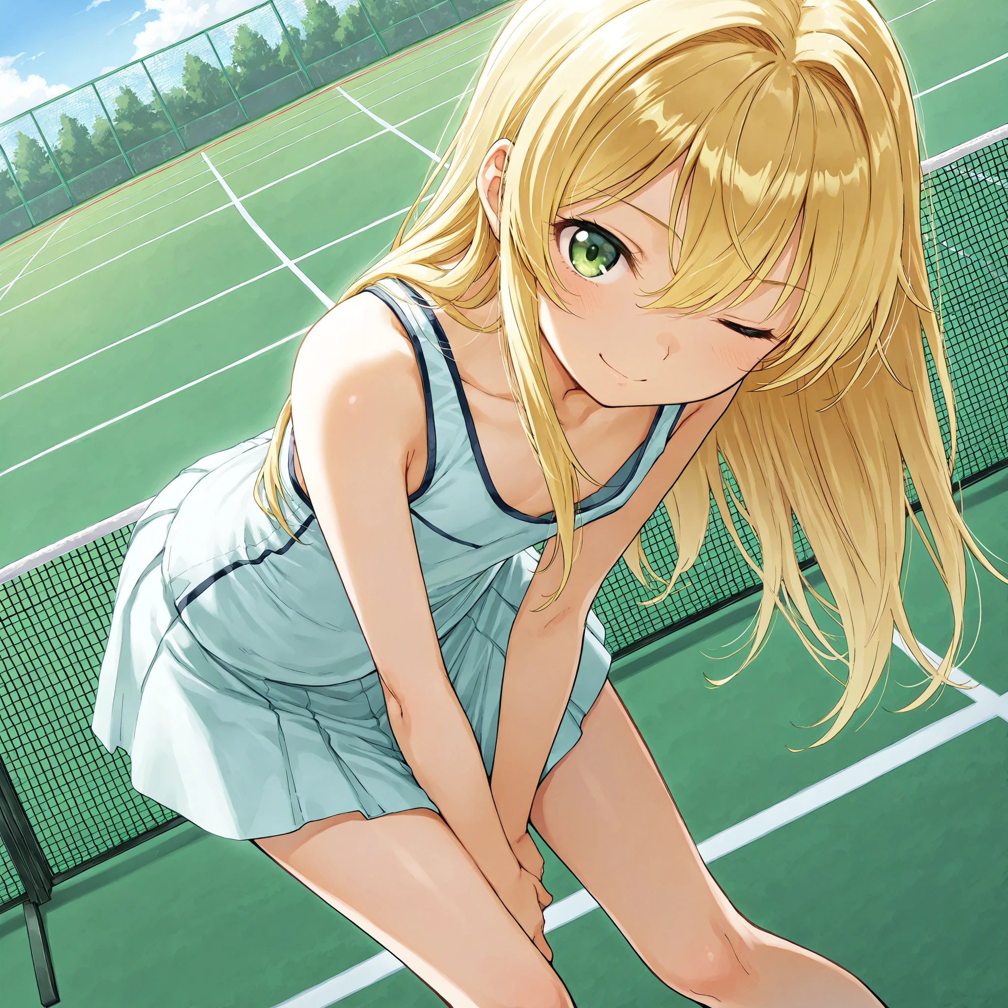 from front,dynamic angle,dutch angle, masterpiece,( clear line illustration :1.2),great quality,absurd,Ultra High Definition ,beautiful face, Petite facial features,meticulous skin ,perfect anatomy,Accurate 4 fingers,(flat chest:1.5 ),long hair,blond hair,hairs between eyes,coordinated tennis attire,tennis skirt,Detailed shirt wrinkles,((((Accurate and Adorable green Eyes)))),((((wink, one eye closed)))),(tennis court,closed mouth,the best smile),push your hips out,leaning forward,Arms between thighs,morning,outdoor 