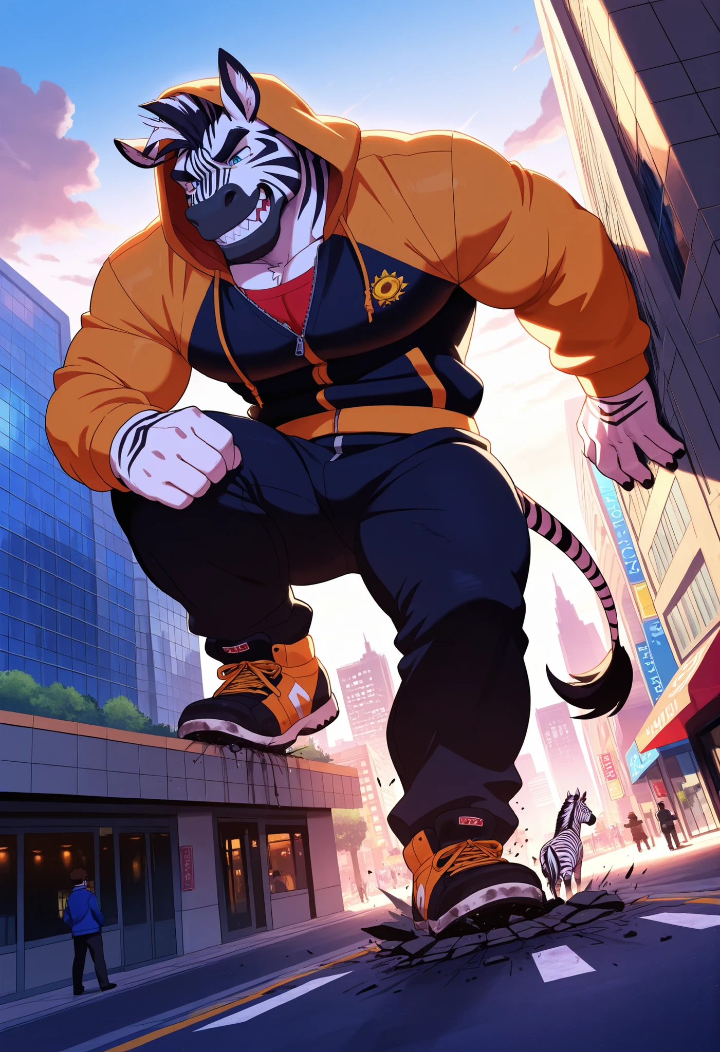 4k, score_9, score_8_up, score_7_up, male, (detailed face), (detailed eyes), sharp focus, masterpiece, best quality, amazing quality, good lighting, anthro, sharp teeth, furry, bara, Zebra, bright daylight, (macro in miniscule city:1.5), causing heavy destruction