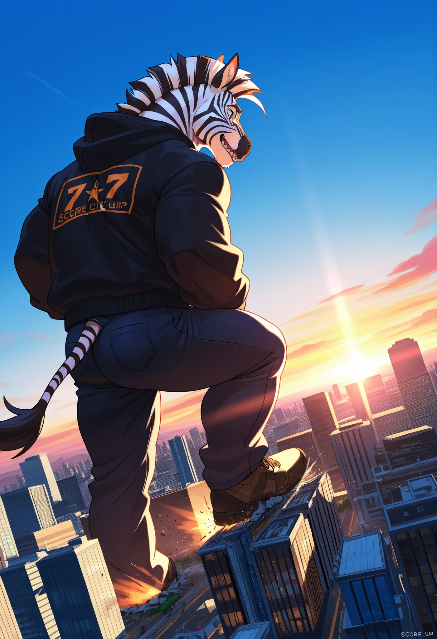 4k, score_9, score_8_up, score_7_up, male, (detailed face), (detailed eyes), sharp focus, masterpiece, best quality, amazing quality, good lighting, anthro, sharp teeth, furry, bara, Zebra, bright daylight, (macro in miniscule city:1.5), causing heavy destruction