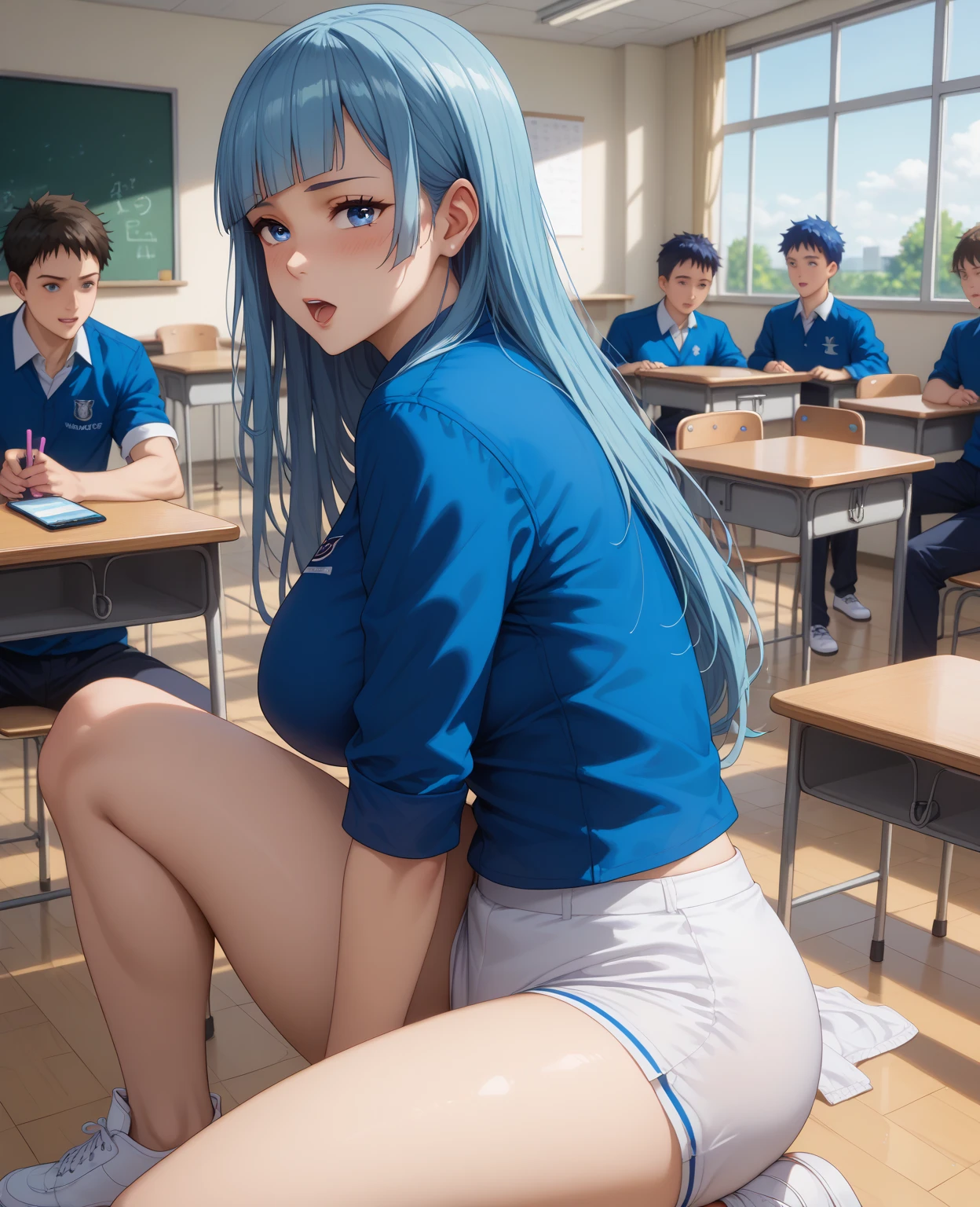 Big Breasts、A girl in a white gym uniform with erect nipples、Navy blue bloomers with a clearly visible slit、barefoot、classroom、A boy in uniform with an erection、Three boys fondling a girl&#39;s breasts
