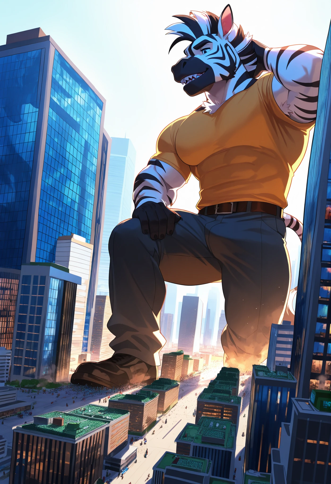 (full body), man resembling a tiger, ((Oscar_fortnite)), extremely large male wearing business clothes, charming, with a cigar in his mouth, posing sitting on a ruined building, ((with arms crossed)) by nullghost, by chunie, by Arashi_takemoto, macro in city