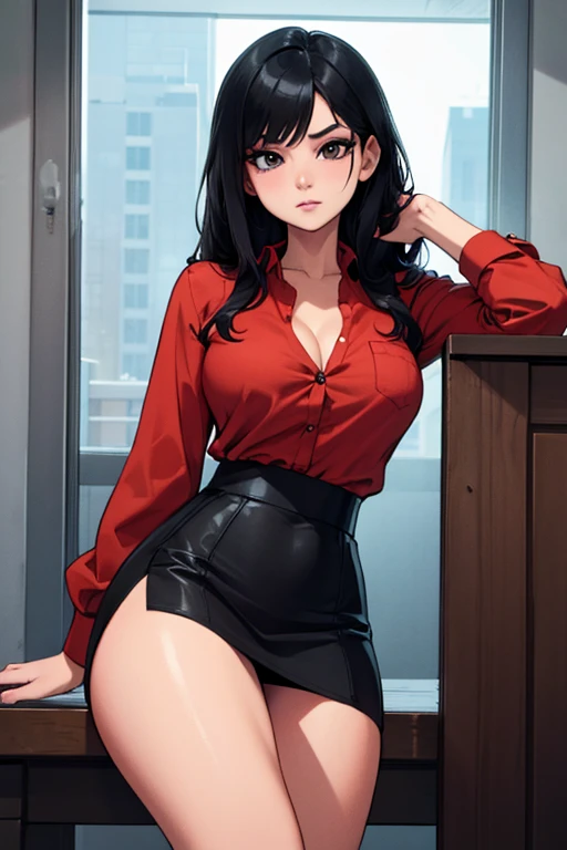 (dark madder red blouse,arms-baring:1.3),sideshot,from behind,black and  long flare skirt,thick arms,single mole on cheek,black hair,voluminous hair,unkempt hair, tall woman,27 years old,(fair skin:1.3),(cute eyes,tareme),plump oval face,light makeup,standing in train,(pov hands grabbing her ass:1.2),skirt lifted,