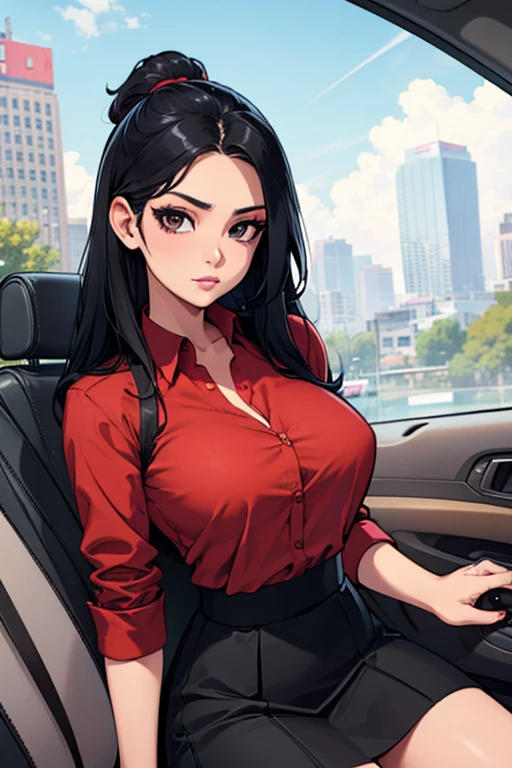 <lora:yukiko:0.57>,(best quality), big head, face shy, (yukiko with huge breasts:1.2) in a car with a blue shirt on and a steering wheel behind her is looking at the camera, portrait  <lora:add_detail:1> <lora:LowRA:0.2>