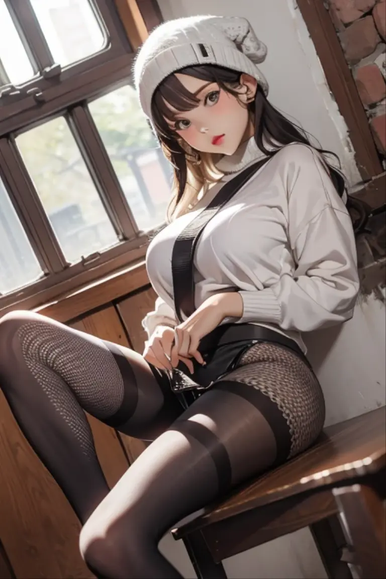 4K, 30 years old woman, skinny, office, workdesk, squatting spread legs, full body view, perfect Feet in tights, beautiful expresive face, wet shirt, perky breast, skirt, earings, tattoo, black nailpolish