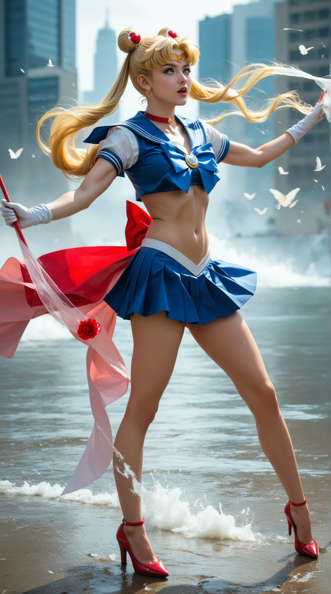 Beautiful girl、Sailor Moon, Beautiful Blue Eyes、Whole Body Ezbian、White panties、Blonde hair that is almost yellow、Beautiful blonde long hair, A cute 19 year old face、Christ pose with arms horizontal、Crucifixion、choker, White gloves, Blue Skirt、Thighs、Big Breasts、Large Breasts、Big Hips、Beautiful feet、Big red ribbon on chest、Defeated Heroine、Tattered and torn clothes、Underwear exposed、Skirt fluttering in the wind。rubble、Destroyed city、inflammation、