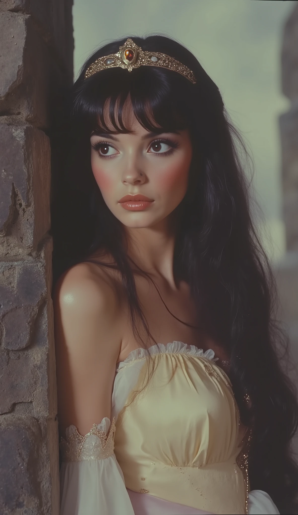 1980 film still, princess Snow White, long straight black hair, medium shot, grainy effect