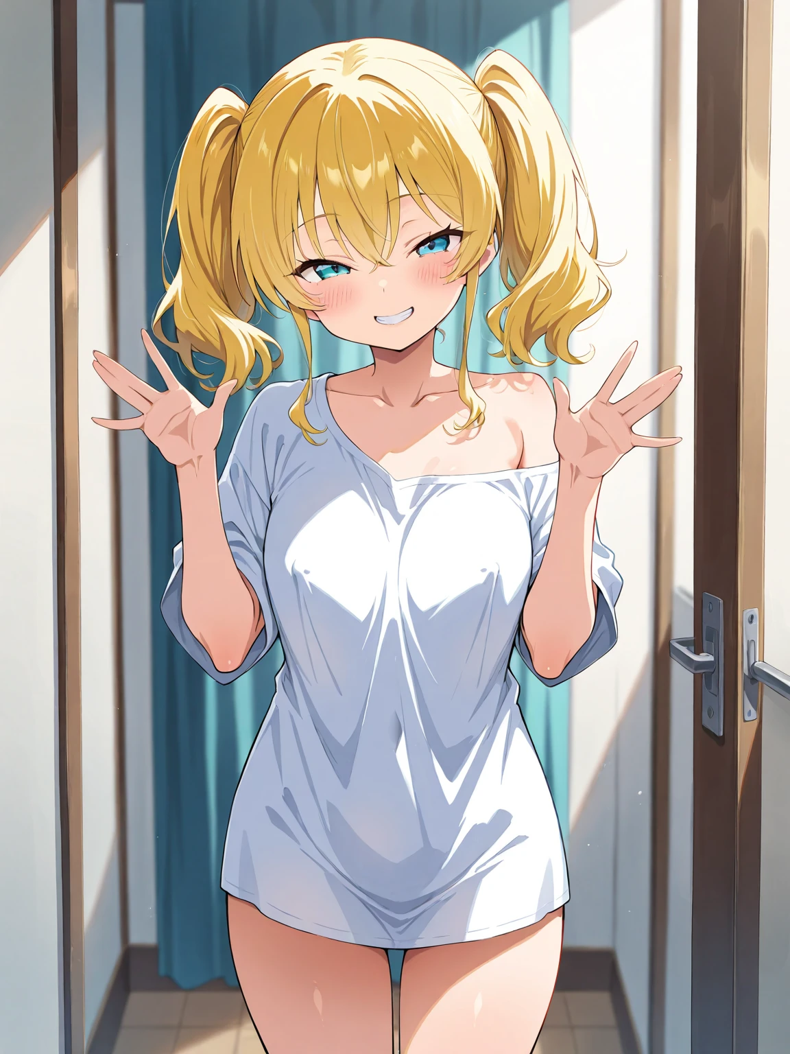 nsfw,,1 person,Sweat,White Breath,solo,,Pokémon,Lillie,Groin bulge,(Cleavage voyeur),Leaning forward,room,(D Cup),Tank top,View from above