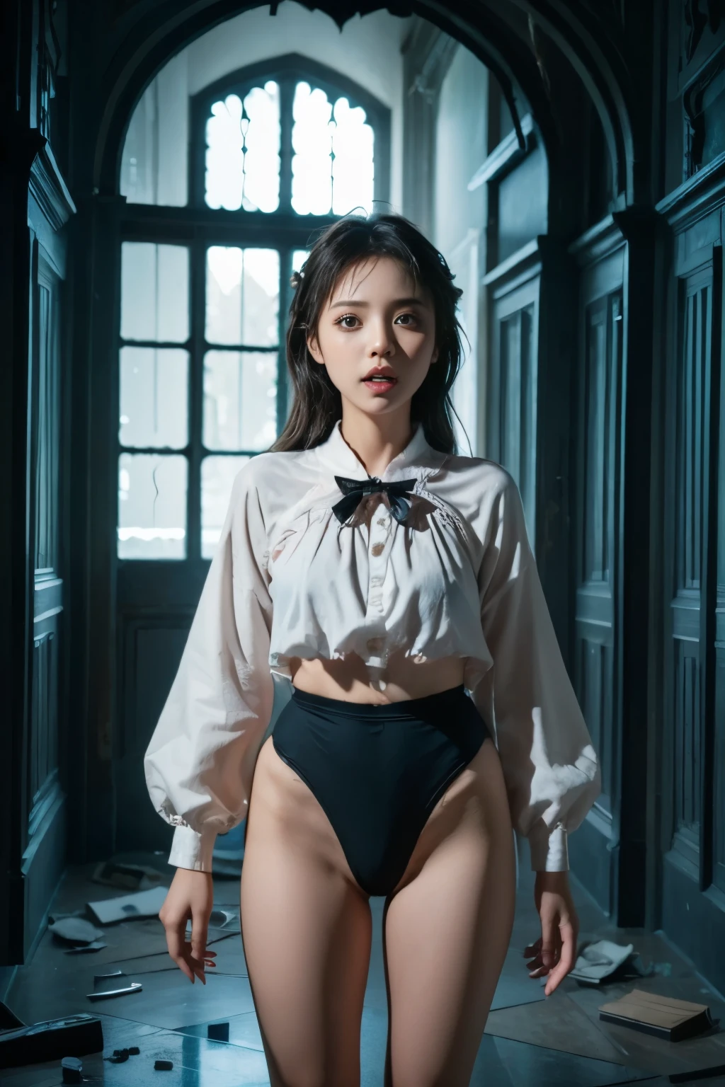 (masterpiece, highest quality), 1 girl, beautiful face, beautiful body,  wearing a Black gymnastics bloomers, High leg、white blouse,    cowboy shot、Are standing、full body portrait、alone, complex details, enlarged textures, complex details, finely detailed eyes and detailed face, intricate details, perfect eyes, equal eyes, perfect body, extremely detailed, (), extremely realistic 3d,While taking off her bloomers,Scared girl、shout、Convulsing with fear、 in ruins、Abandoned castle、Gothic style Western-style building