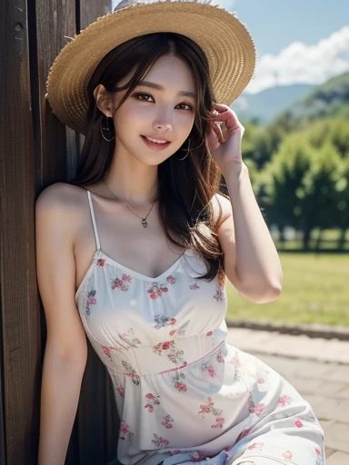 12 years old child, long hair, super big round breast, Nipple protrusion, pink low-cut dress, necklace with hanging ornament, straw hat, (smile:1.2), hotel lobby, seaside view, (photorealistic:1.2), (ultra realistic:1.3), (very detailed:1.1), ((masterpiece)), 