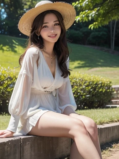 (masterpiece, 8k, best quality:1.2), in the fountain, solo, outdoor, 1girl, 27 yo european, pale skin, smile, looking at viewer, sun dress, woolen cardigan, hat, wet clothes, soaked, wet hair, wet skin, translucent, bright sunshine, soaked heavy clothes