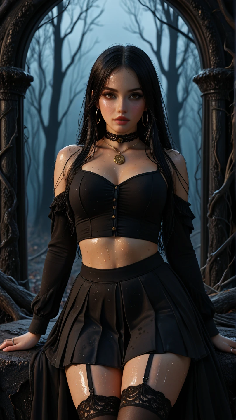 realistic, masterpiece, (full body) photograph of beautiful woman, (amazing body), pale skin, black hair, (wearing top and skirt), (emo, e-girl aesthetic), pubic hair, (makeup, eyeliner, eyeshadow), mist, (surrounded by fog:1.5) (detailed facial features), (perfect face), ((detailed)), ((photorealistic:1.4)),