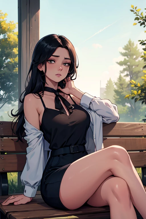 a muscular woman with large breasts sitting on a park bench black hair yellow eyes pale skin