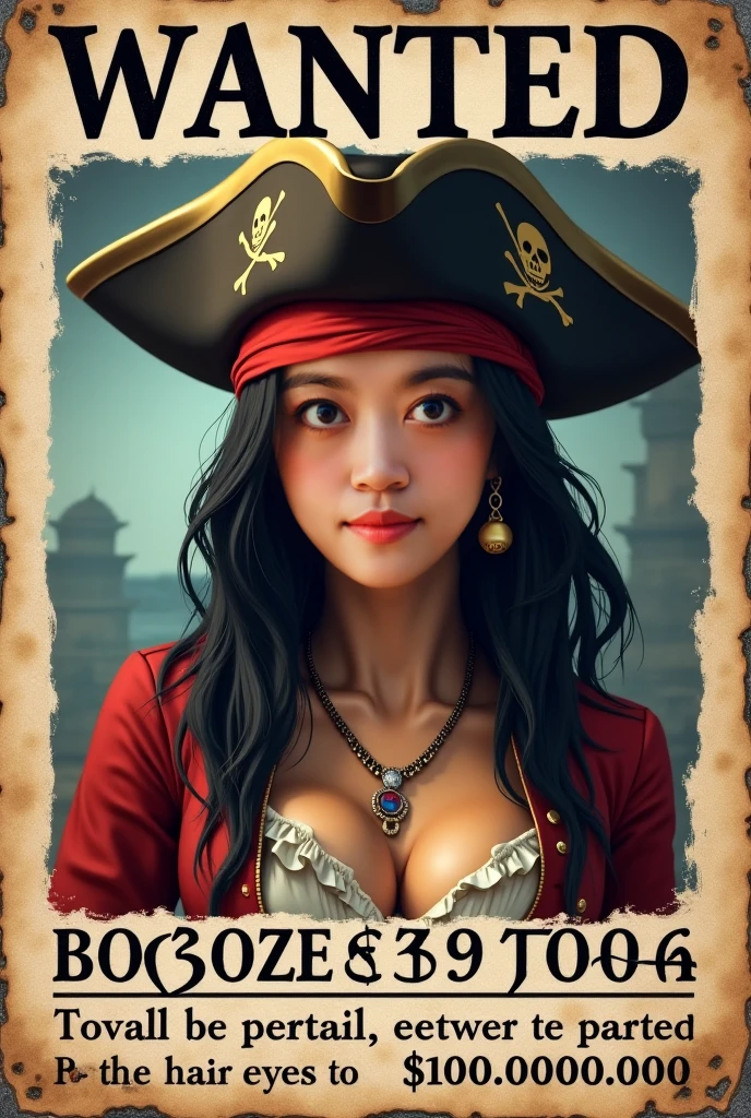 Make a wanted poster for a female pirate captain, black haired wistoh a cash reward, and add silver eyes to the captain. Add wristoing "Death or Life" below the name "Captain Angel", add a pirate hat to the captain, add a reward of $ 600.000.000, put the captain around 30 years old