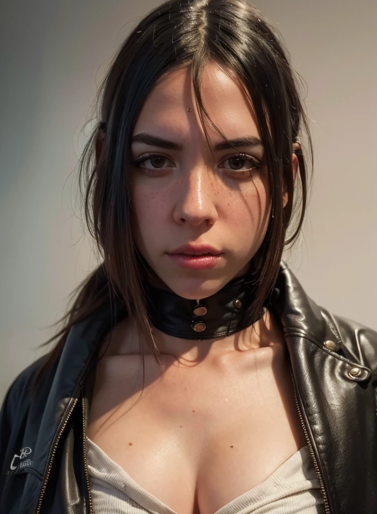 photography of a 20yo woman, perfect face, leather bra, blood, ((merciless mistress outfit)), blood