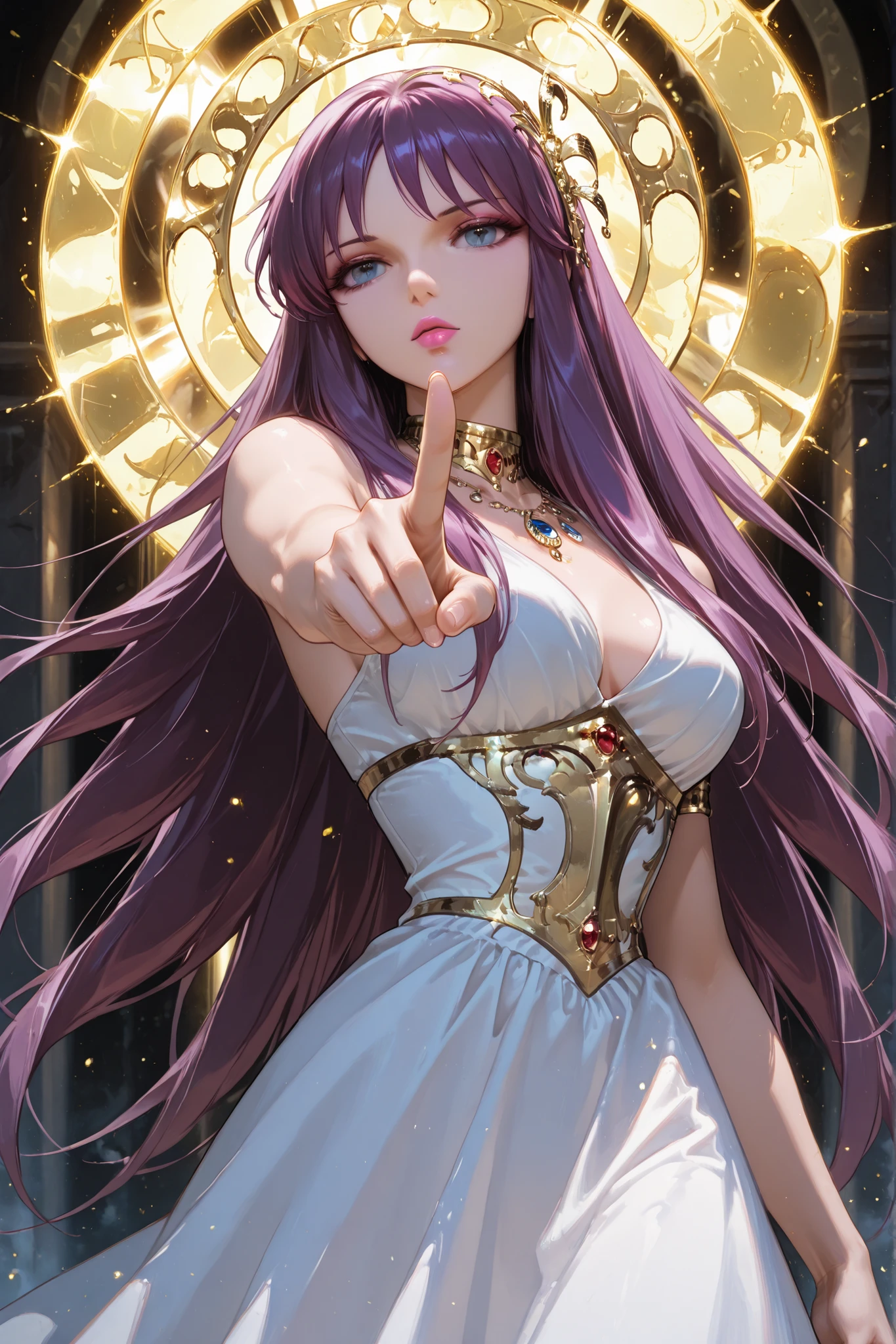 1girl, solo, Saori o (Athena), purple hair, blue eyes, makeup, lipstick, pink lips, white dress, standing, looking at the viewer, cold gaze, dynamic pose, pointing the index finger at the viewer, golden aura around, golden rays around the hands, beautiful, attractive, best quality, masterpiece, ultra detailed, very aesthetic