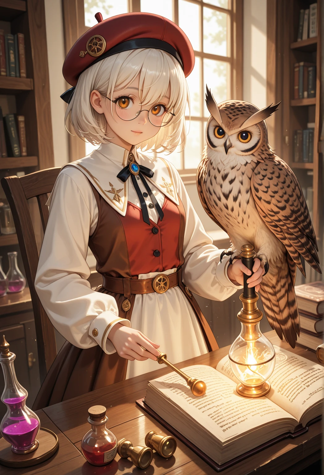 antro (brown owl), winged arms, feminine, large breasts, beak, round glasses, long dress, neckline, chubby, medium close-up, background library, top, bottom, embarrassed smile