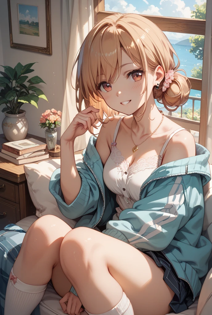 Photorealistic:1.5, Beautiful woman, hairstyle that bounces outward, (medium hair:1.5), (platinum blond hair:1.5), (platinum blond colored eyelash:1.5), (parted bangs:1.5), (amber color eyes:1.5), (sleepy face:1.5), blush:1.2, (tilt one's head:1.5), (hairpin:1.3), (masterpiece:1.3), (best quality:1.3), high-resolution, Head-on angle, Body facing forward, solo, beautiful detailed eyes, mid day, (((best quality, textile shading, ultra detailed))), extremely detailed CG unity 8k wallpaper, Highly Detailed beautiful and aesthetic, high resolution, detailed, dramatic lighting, 1Character, soft, gentle colors, (small breast:1.5), (blue camisole:1.5), (super long hem summer cardigan:1.5), (skinny:1.5), blur background, downtown:1.5, squatting:1.2, armpit:1.5,