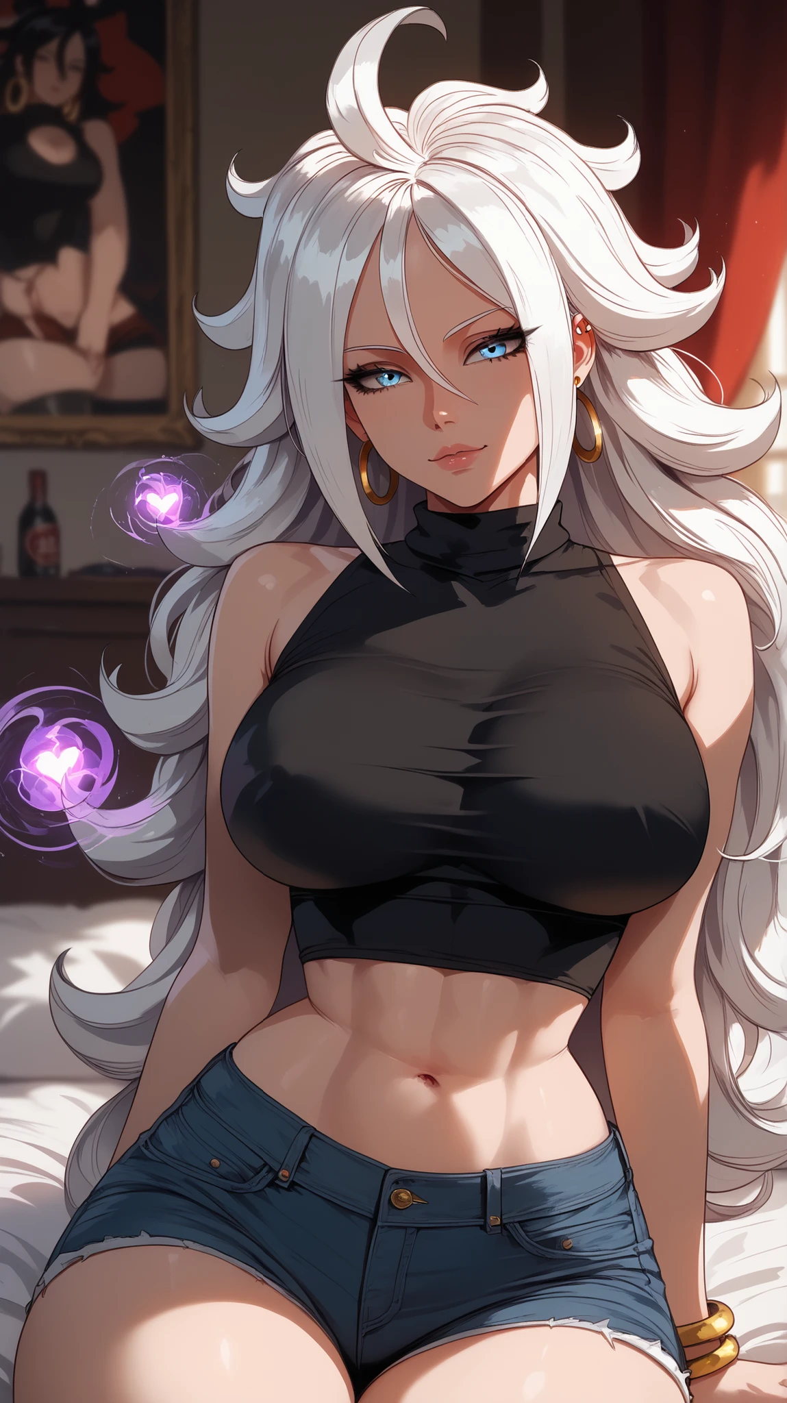 Beautiful girl, smile, cyberpunk, braid, long fluffy hair, messy bangs, bust up, abs, hair ornament, open chest clothes, pants, glossy skin, huge breasts, cleavage, poses that show off cleavage, sexy, two-toned hair ((white hair+brown hair)), purple eyes, dark skin