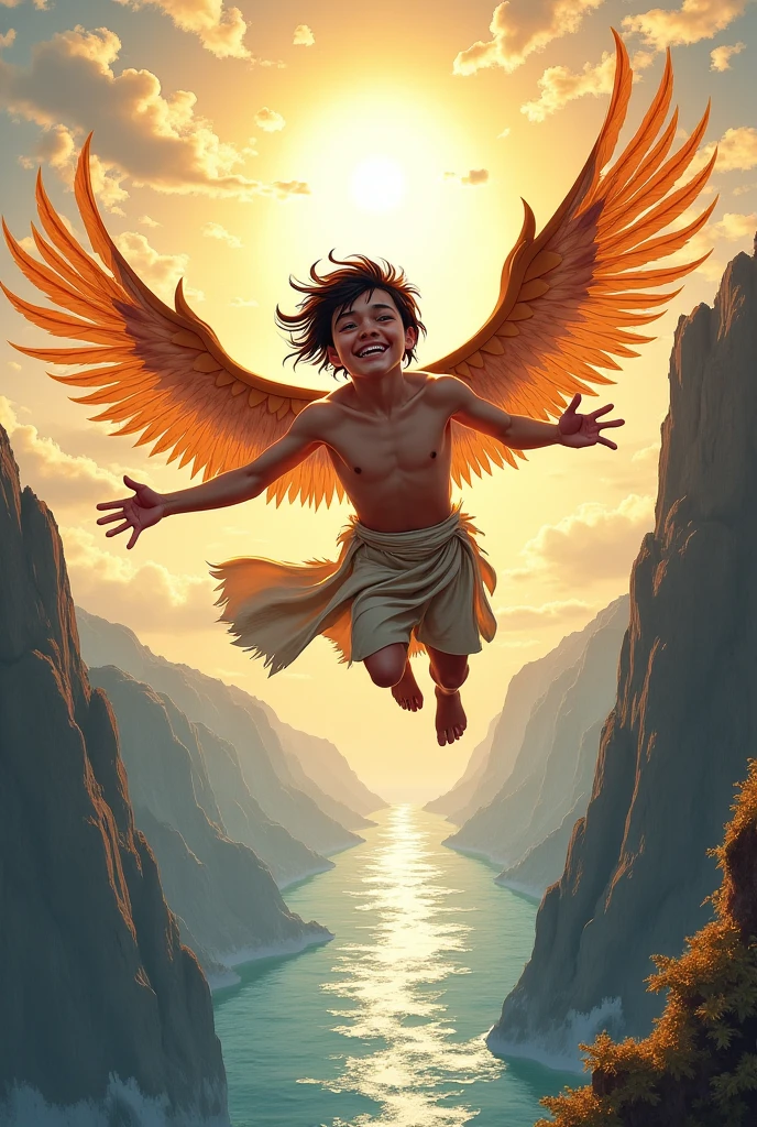 Cartoon of cute energetic muscular boy with long white wings, surrounded buy blue and white electricity , background is blue with clouds at top and ocean at the bottom