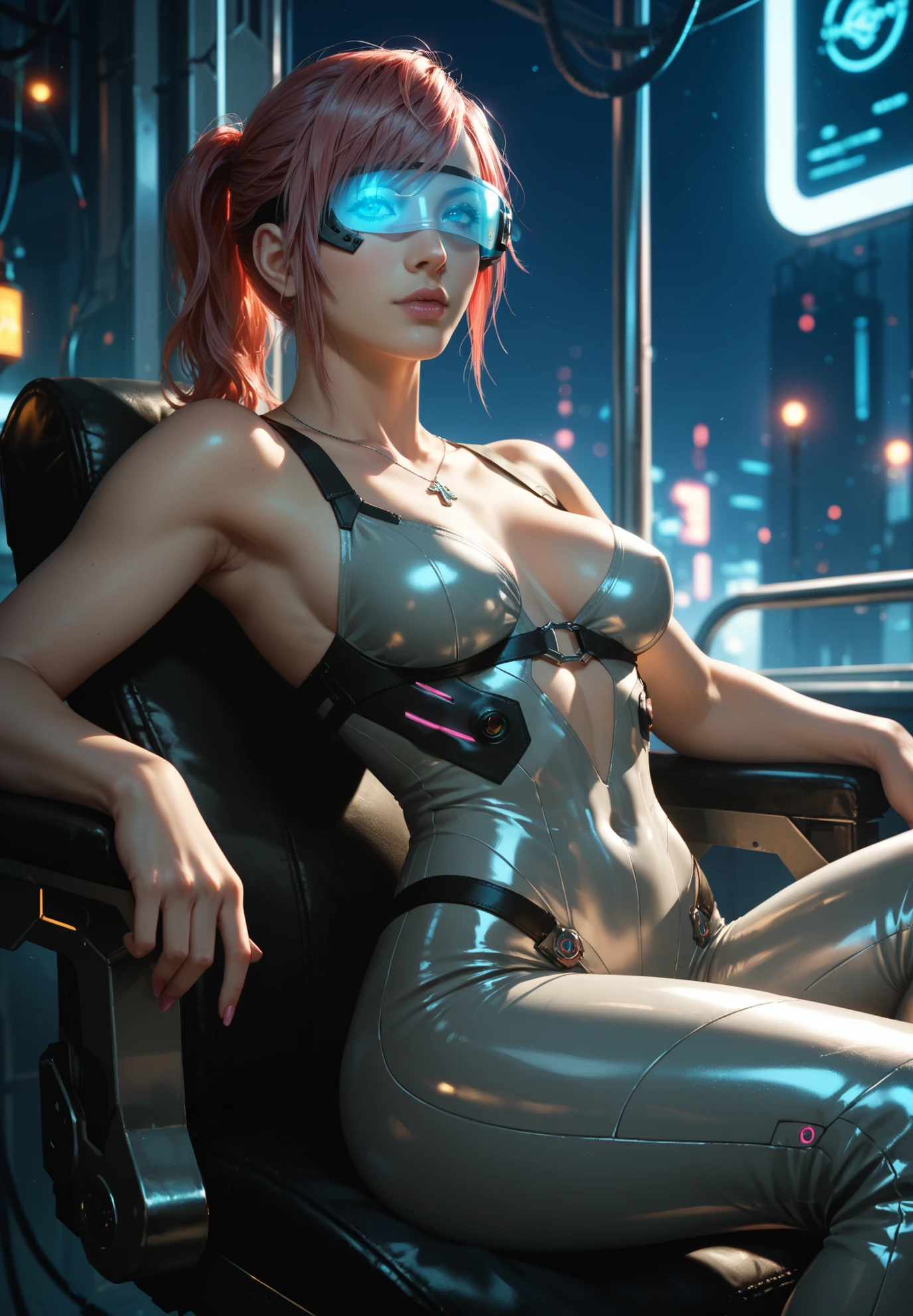1girl,solo,(Claire Farron), final fantasy xiii, futuristic bodysuit, cyberpunk visor, underground laboratory, sitting on a cyberpunk mechanical chair, sexy pose,alluring atmosphere, neon lighting,night time,cinematic lighting,nsfw,