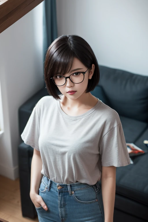 1girl, beautiful girl, wearing eyeglasses, brown skin, small mole on her right cheek, half body, Body Length 150 cm, 20 years old, brown skin girl, .(short black hair, Street hairstyle) , (black eyes), realistic eyes, beautiful and big eyes), masculine clothing, Boys clothes, Wearing sneakers, Small breasts, (8k wallpaper), (Living room wallpaper) 8k, high quilty, realistic, beautiful realistic, Cool details, raw photo, realistic clothing, short hair, black hair, realistic hair, Light and cool lighting, photo realistic, Cel shaded, Gel lighting, ultra details