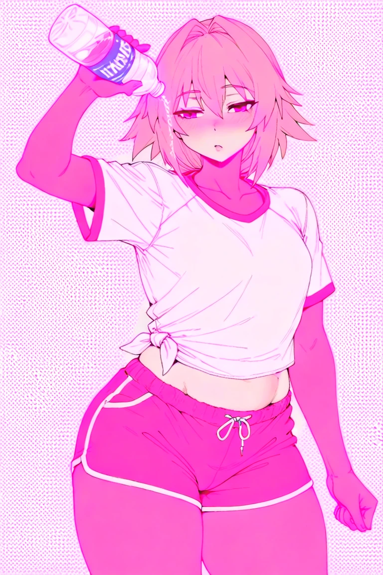 (((scrawny))),(Wheat skin),(Dark Skin),((high school student)),((school swimsuit tanlines)),(side ponytail,ahoge,One eye is covered by hair),((Purple Hair)),(fluorescent pink streaked hair),(Green Eyes),Slanted Eyes,BREAK,(Micro Bikini,latex),Scrunchie,((Lying on bed)),Cowboy Shot