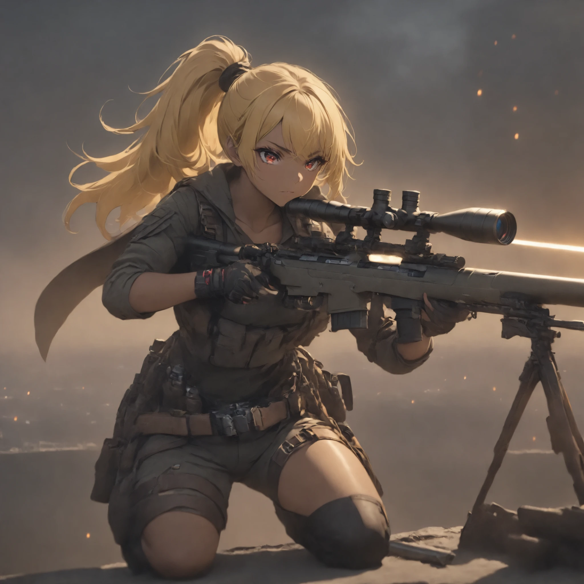 (masterpiece, Highest Quality:1.2), one girl who is unrivaled on the battlefield, solo,Beautiful Female Sniper Taking a Sniper Position in the Apocalyptic World 、 with cape overlooking the city from the building 、 anatomically correct posture 、 tan leather tool belt with lots of tools、full harness、 perfect eye side by side、 brown skin 、 old clothes、 Movie Lighting Effects , ponytail 、shiny yellow hair 、 Red Eyes