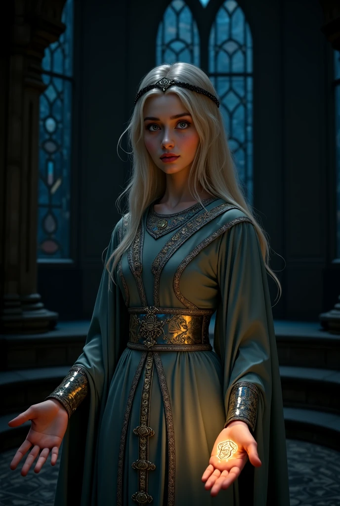 portrait, woman, half elf, old, standing in a library, leaning on a walking cane, grey hair, scar over right eye, wrinkles (intense details, dnd art, masterpiece), (intense details, dnd art, masterpiece), teacher, (intense details, dnd art, masterpiece), intense blue eyes, gold robe with red threads, flowing (intense details, dnd art, masterpiece), Gothic art, fantasy urban library, realism, optical illusion, backlight, clouds, in the background