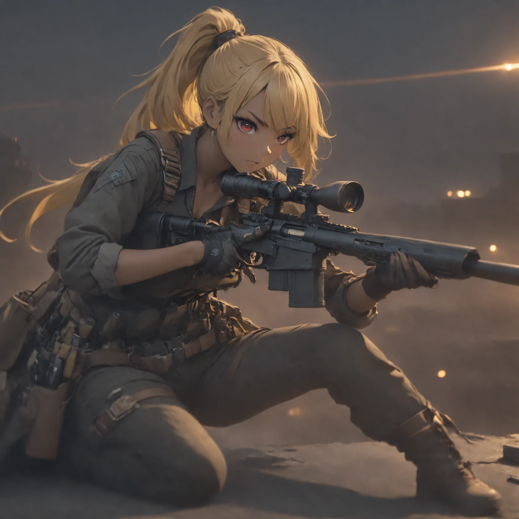 (masterpiece, Highest Quality:1.2), one girl who is unrivaled on the battlefield, solo,Beautiful Female Sniper Taking a Sniper Position in the Apocalyptic World 、 with cape overlooking the city from the building 、 anatomically correct posture 、 tan leather tool belt with lots of tools、full harness、 perfect eye side by side、 brown skin 、 old clothes、 Movie Lighting Effects , ponytail 、shiny yellow hair 、 Red Eyes