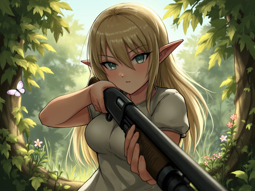 (work of art)(best qualityer)1 female character, has blonde hair, has blue eyes, has elf ears, has a hairstyle with two braids, wear a top, (Detailed abdomen)(Athletic body) has wide hips, use a crossbow, is naked on all fours in a medieval forest(pose sexy)