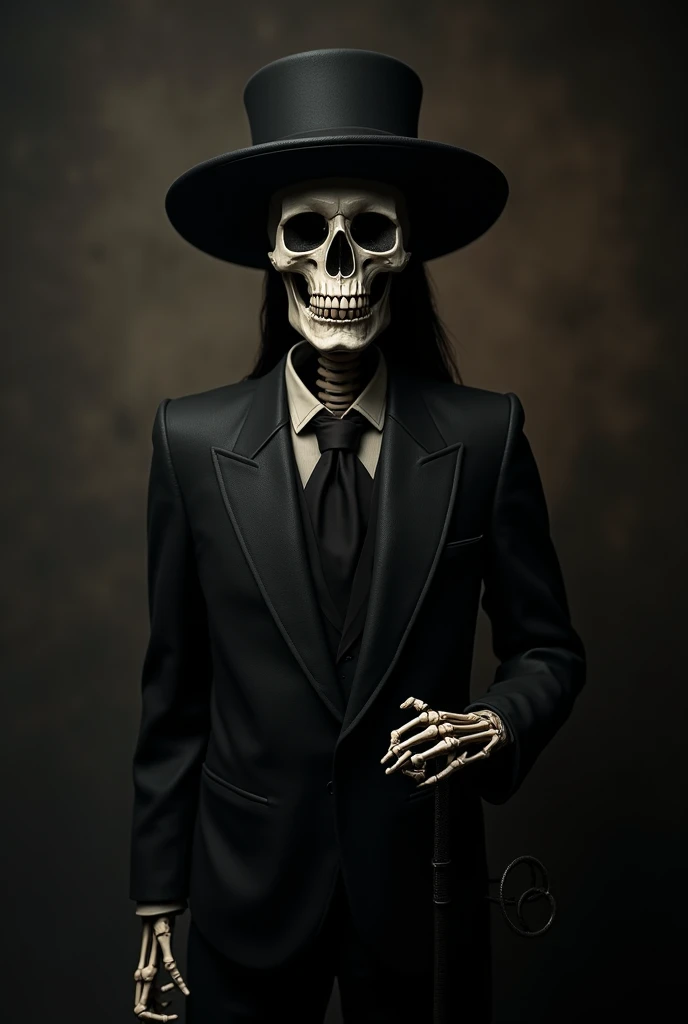A skull wearing a suit and tie, with an indigenous headdress on his head