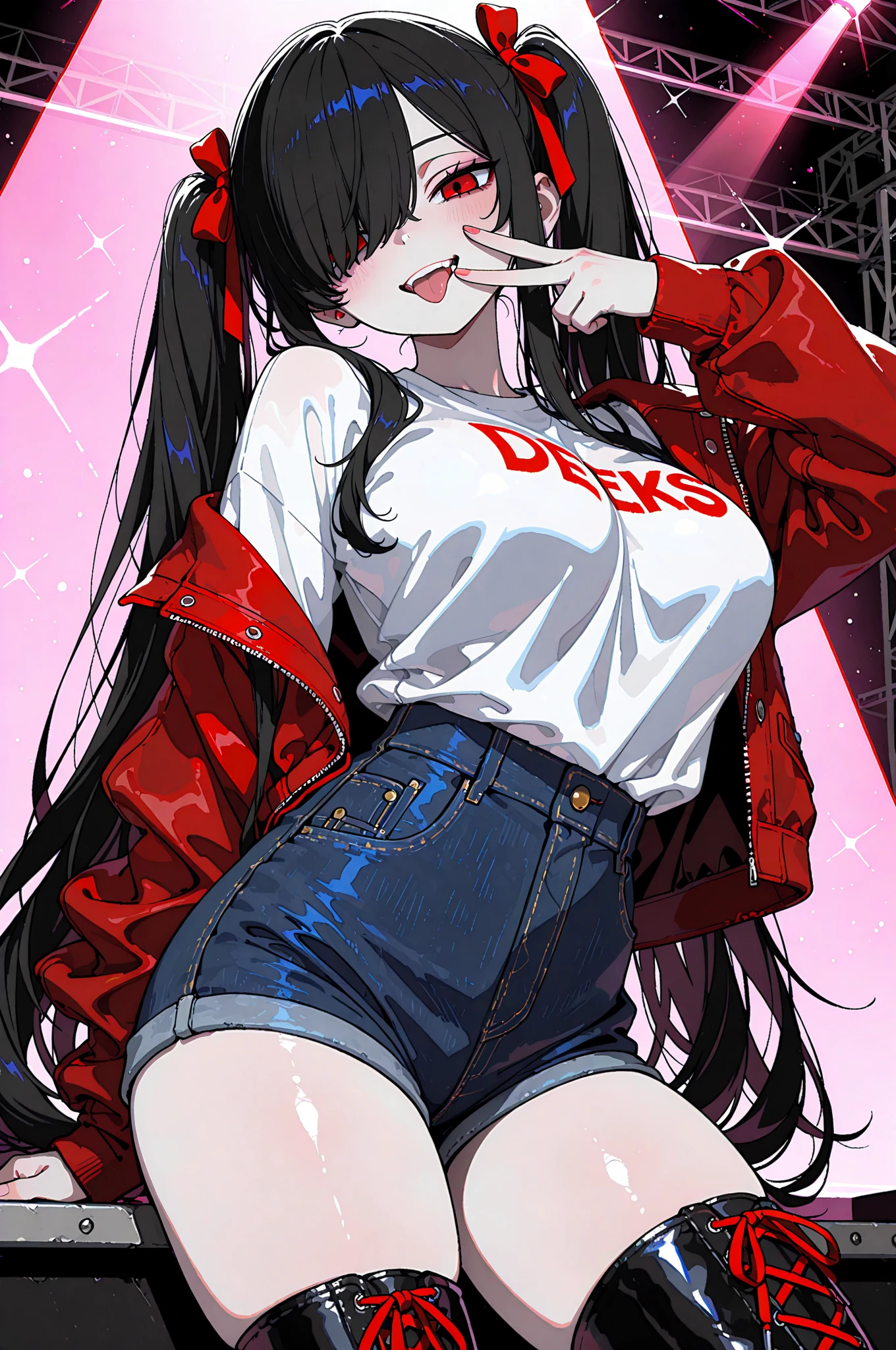 (Short cute girl,Small young student,Young delicate girl),(masterpiece,Top quality),Black Hair,Shorts,heart hands,sleepy