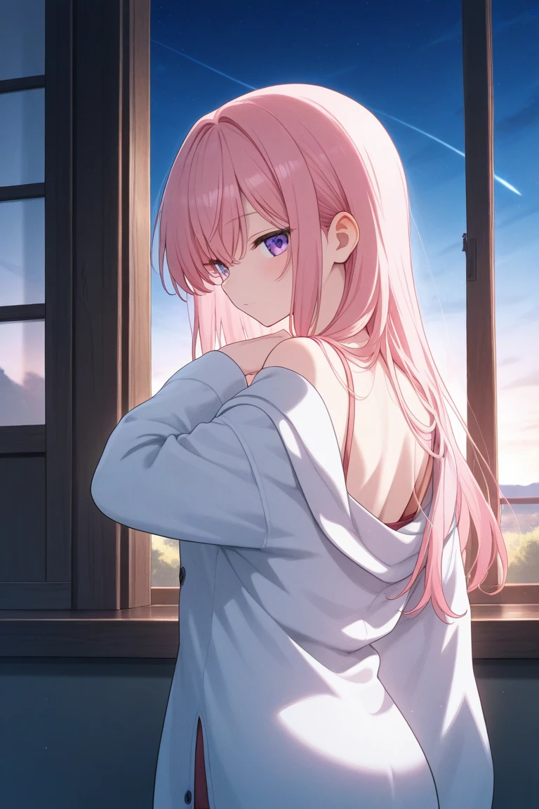 Girl, pink hair, white top and black skirt, doggy position, flush, back view