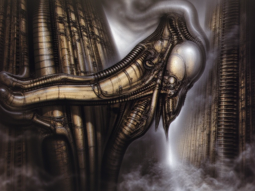 Giger_style, The image is a detailed view of H.R. Giger's \" Landscape XVI \" plate, featuring a complex network of bones and organs in a purple-brown hue ,swirling gray and brown colors. The artwork is silver and purplish brown, with an ivory bones prominently displayed. The image is highly detailed and intricate, almost like a 3d version of a medical sketch.
The piece is a tableau, most likely created with a India ink pen or pencil on paper, determined by the thin lines, shading techniques, and the texture of the paper, which is visible around the edges. Used is pen, given the shading and variations in line weight visible in the image. One have used a variety of pencils with different degrees of hardness to achieve the shading effects.

The style  is clearly biomechanical. Features combination of organic and mechanical forms. Mechanical elements dominate the composition, there are subtle organic hints. The use of undersaturated purple-grays dark contrasts creates a stark and graphic look. Is used a variety of linework techniques to create different textures. Fine, parallel lines create a smooth, metallic texture,while thicker, more cursive lines suggest cables or wires. Machines fills most, with its central cylindric structure acting as the focal point. Parallel lines emanating from this central structure used to create a sense of depth and movement. Being overwhelmingly mechanical, there are subtle suggestions of organic forms.

The art performance showcases the artist’s skills in observation and rendering. The level of detail in the piece suggests a close study of real bone specimens and anatomy. The artist has skillfully used shading techniques to create a convincing illusion of three-dimensionality on a flat surface.The wrinkles and cracks in the surface, and the cast shadows with accuracy, used shading techniques to create a realistic depiction of light and shadow on the objects. This creates a sense of depth and dimension in the image