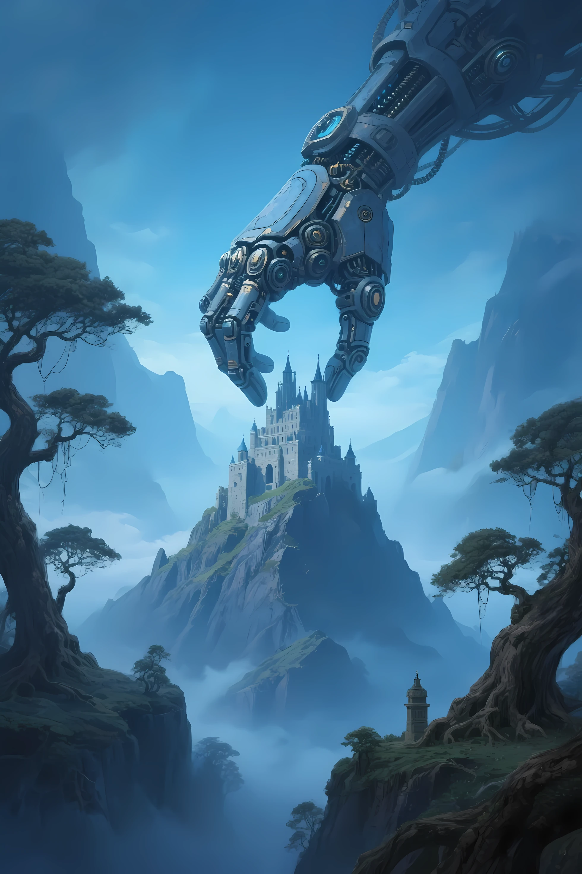 a  very complicadet mecanical hand lifting an ancient mountain with a castle in it, old trees in  it, the scene remids an ancient land of gods
