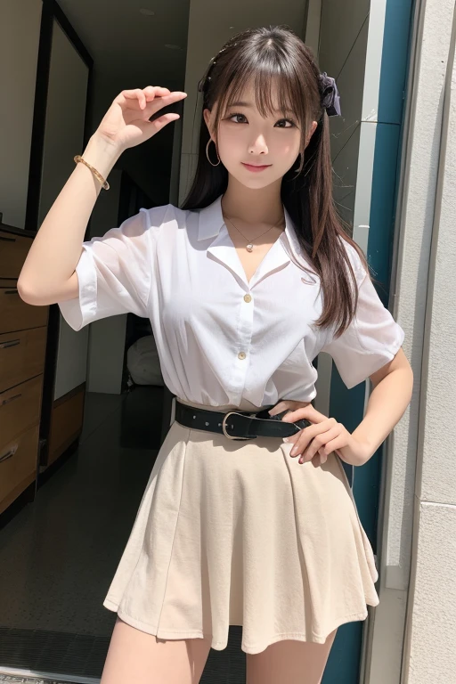 ((highest quality)), ((masterpiece)), (detailed), SLR、whole body、wallpaper、Attention to detail、Attention to detail、Serious look、Perfect proportions、Tight waist、Chestnut Hair、Beautiful Hair、Beautiful Skin、Beautiful white skin、Lustrous lips、russian actresasterpiece:1.3), Best image quality: 1.3, Rough hairstyles、Bust Size:1.2、Actively moving、Y-shirts and skirts