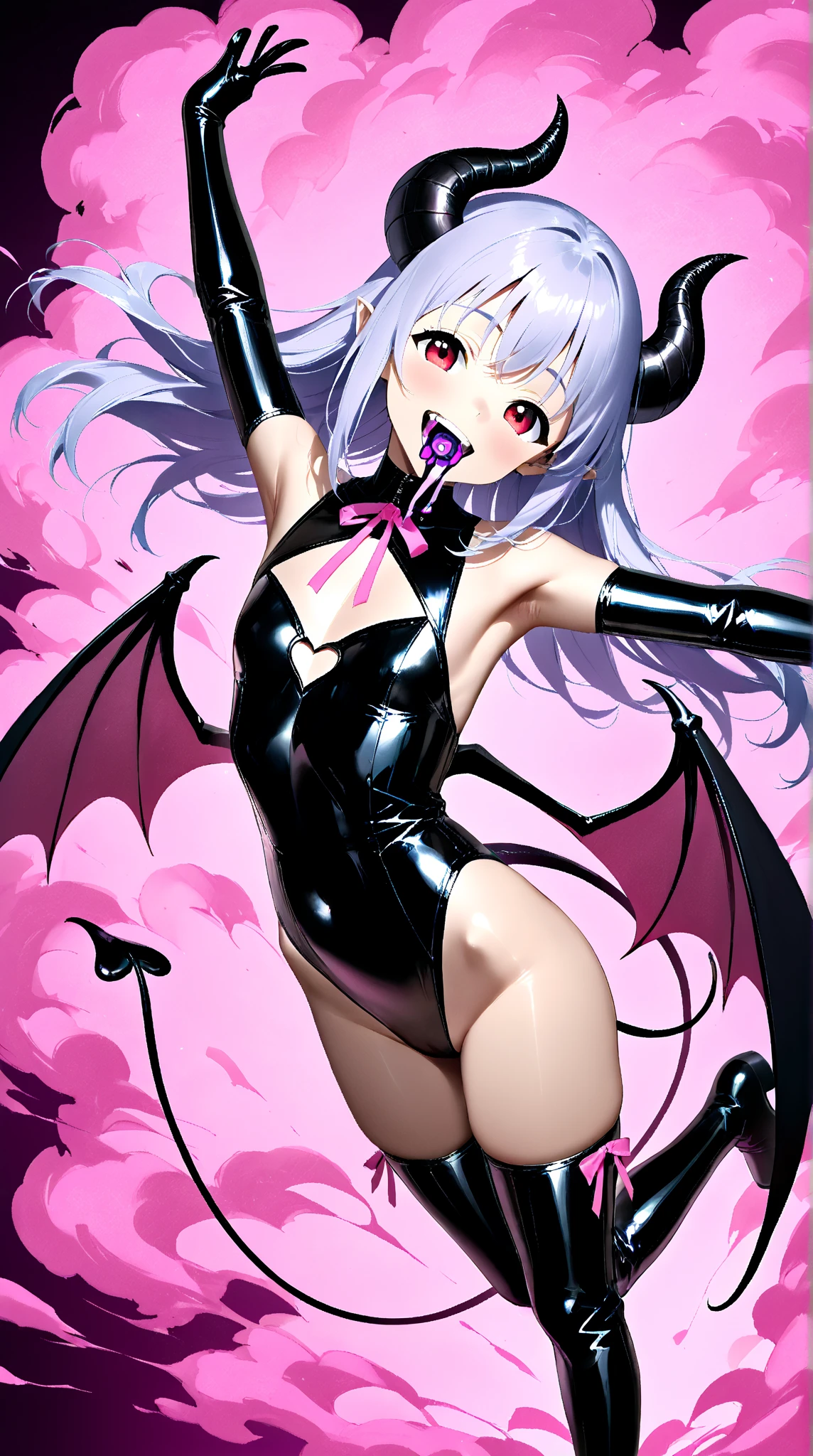 Tachi-e, Spiel CG, Sehr detaillierte und realistische CG, bunt, Meisterwerk, Best quality, Juwelenartige Augen, 1girl, Allein, schwarzes Haar, shiny hair, Langes, glattes Haar, very long twin tails, slender, Thin legs, Succubus Girl,Succubus-Costume, Hot Pants, Succubus-Stiefel, Aquablaue Augen, flache Brust, Separate sleeves, Grinsen, smile, jitome, halbgeschlossene Augen, Tsurime, einfacher Hintergrund, aus POV, Eyes of the best quality, sharp teeth, tsundere, kontrastiert, Beine spreizen, hand on hip, (shiny skin:2.0), Succubus-Kopfschmuck, Sukkubusflügel, Succubus-Schwanz, Nabel, Nabel, mesugaki, neckisch, smug, sweet girl, , offener Mund, fangs, Zunge raus, spitze Ohren, Herz-Tattoo,
