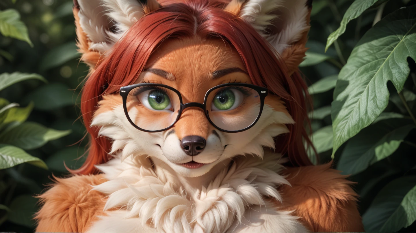 best quality,best resolution,(fluffy anthro furry:1.6),woman1(chubby,naked,furry,fox,red hair,glasses,big eyes,green eyes,loving eyes,no clothes),photorealistic,hyper detailed,octane render,4k,highly detailed face,photorealistic skin,intricate fur textures,lush foliage background,natural lighting,dramatic shadows,cinematic composition,fantasy art style