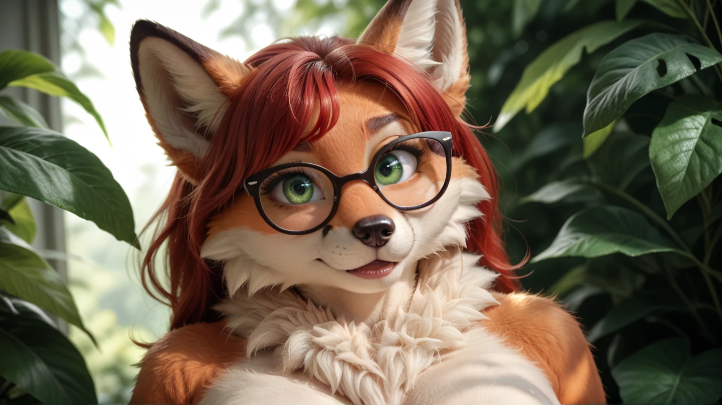 best quality,best resolution,(fluffy anthro furry:1.6),woman1(chubby,naked,furry,fox,red hair,glasses,big eyes,green eyes,loving eyes,no clothes),photorealistic,hyper detailed,octane render,4k,highly detailed face,photorealistic skin,intricate fur textures,lush foliage background,natural lighting,dramatic shadows,cinematic composition,fantasy art style