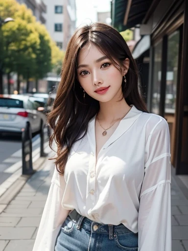 ((highest quality, 8K, table top: 1.3)), sharp: 1.2, perfect body beauty: 1.4, slim abs: 1.2, ((light brown long hairstyle,medium breasts: 1.2)), cleavage, (pale white long shirt: 1.1), Highly detailed face and skin texture, fine eyes, double eyelid, View from the side looking at the camera, innocent, (Excited: 1.3)、cute smile、big earrings、No sleeve、See-through shirt with collar、long hair、hair swaying in the wind、