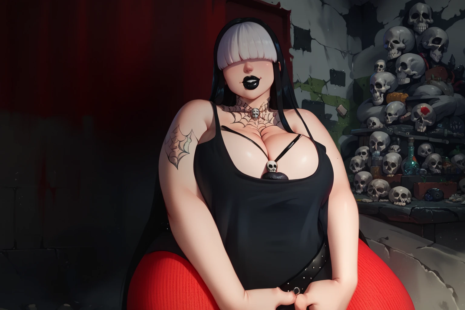Scarlett Johansson, blushing, embarrassed face, goth girlfriend, goth girl, goth, black lipstick, short red hair, red hair, stuffed belly, big belly, round belly, very full belly, fat belly, flabby belly, obese, obese face, obese belly, (fat belly:1.4), obese arms, obese legs, (obese:1.4), massive breasts, huge breasts, breast expansion, biggest breasts, (big boobs;1.4), big boobs, huge tits, holding breasts, leaking milk, lactation, topless, no shirt, at home, in living room, best quality, aroused, turned on, choker necklace, choker, no clothing, naked, nude, no clothes,
