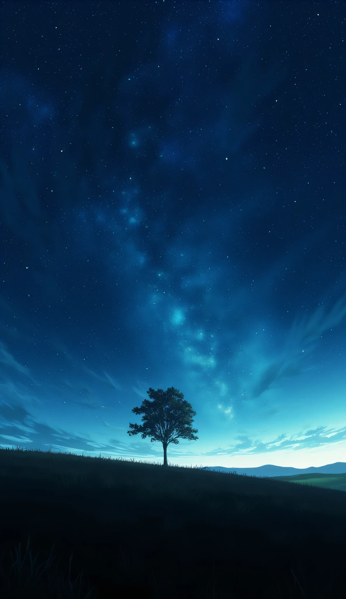 Large plateau with low grass and starry sky above, silhouette of a lonely tree in the corner — epic, introspective atmosphere perfect for nighttime thoughts or existential themes.