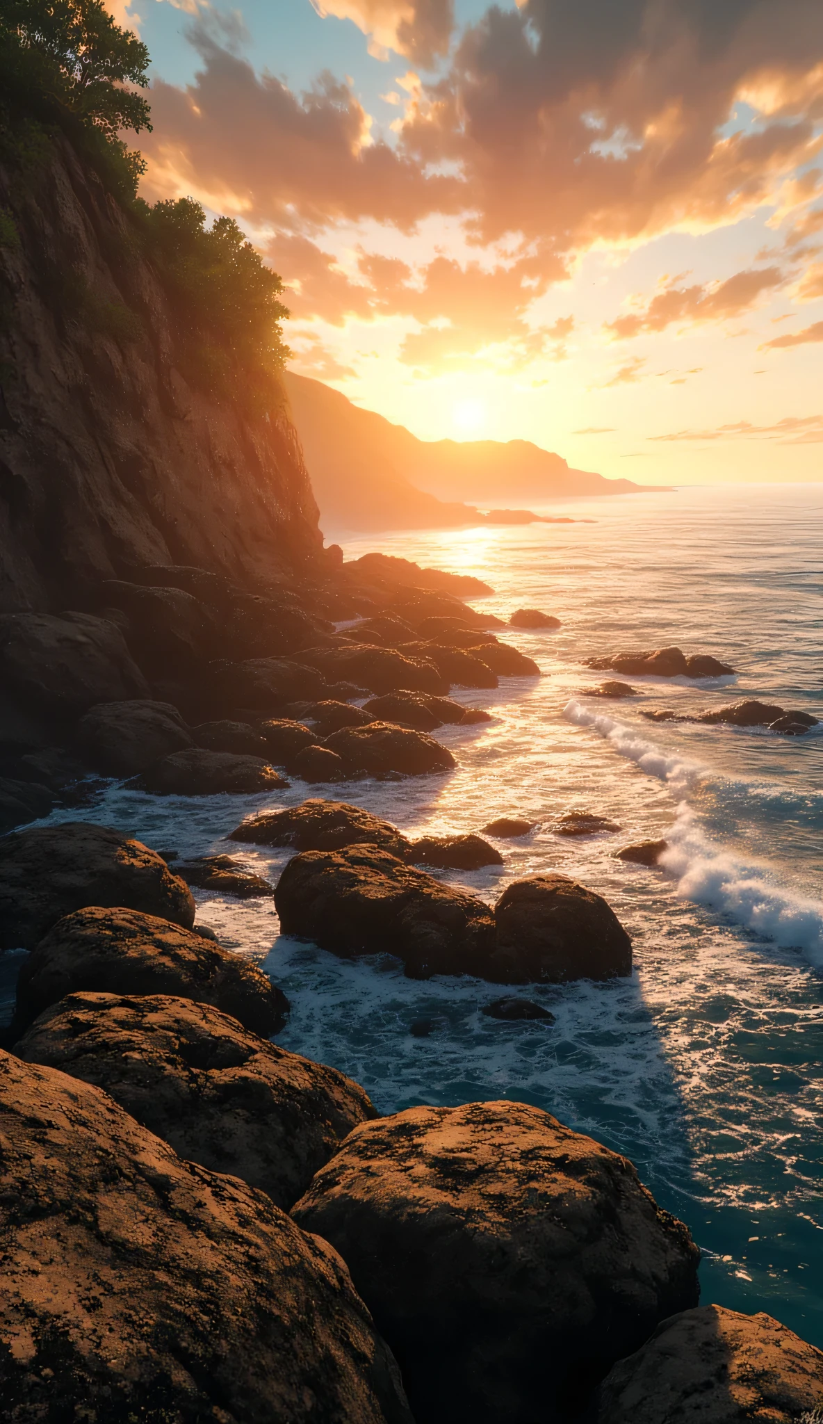 Rocky coastline with calm ocean extending to the horizon, orange sky in the late afternoon, soft waves crashing — serene and immense environment, ideal for deep messages.