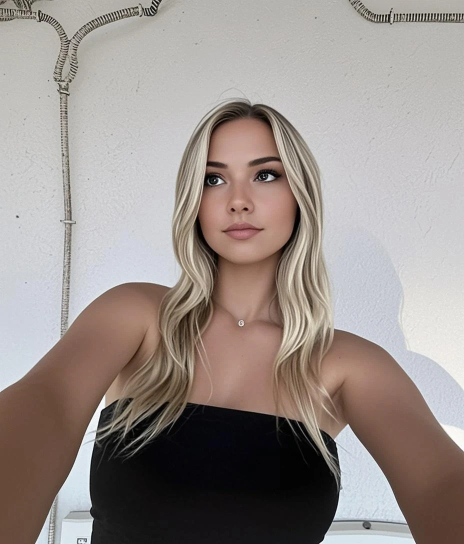 Uma mulher loira de 23 anos, ((seios grandes)), ((hiperrealismo)) ,. Blonde Hair with Light Brown Roots. cabelo loiro, Hair with brown roots, cabelos extra longos, cabelo muito comprido, cabelo muito comprido, Lindo, vista frontal, selfie, Foto tirada com iPhone, camisa preta elegante com escote, escotada, no jardim, alta qualidade, iPhone selfie, decote