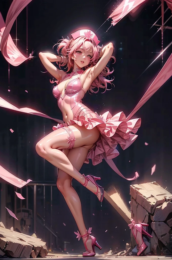 anime girl in shiny pink latex tube dress posing for camera, showing lots of skin, seductive anime girl, beautiful woman, excited and blushing, detailed face, (nurse hat), long pink hair, looking down at camera, 8k, very detailed, (visible string thong), cleavage, (long pink latex gloves), pink latex stockings, garters, strip club background, dark, spotlight on girl, on stage, upskirt camera shot, (hands behind head, armpits exposed, one leg up, visible thong), collar, open chest, tits prominent, bellybutton, high heels